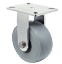 Caster; Rigid; 8" x 3"; PolyU/GFN (65); Plt. (4-1/2"x6-1/4"; holes: 2-7/16"x4-15/16" slots to;3-3/8"x5-1/4"); Stainless; Stnls Rlr Brng; 3000# (Item #62708)