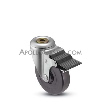 Caster; Swivel; 3\" x 1-1/4\"; Rubber (Hard; Non-marking); Hollow Kingpin (1/2\" bolt hole); Zinc; Plain bore; 210#; Pedal Style Wheel Brake (Item #65388)