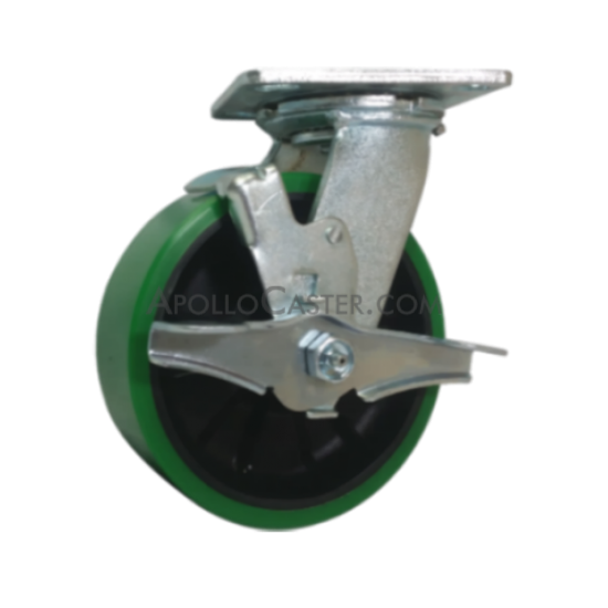 Caster; Swivel; 6\" x 2\"; PolyU on Nylon (Green); Top Plate (4\"x4-1/2\"; holes: 2-5/8\"x3-5/8\" slotted to 3\"x3\"; 3/8\" bolt); Zinc; Roller Brng; 1200#; Wheel Brake (Item #65526)