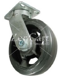 (image for) Caster; Swivel; 6" x 3"; Rubber on Cast Iron; Plate (5-1/4"x7-1/4"; holes: 3-3/8"x5-1/4" slots to 4-1/8"x6-1/8"; 1/2" bolt); Zinc; Roller Brng; 750#; Kingpinles (Item #63334)