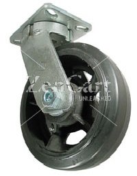 (image for) Caster; Swivel; 8" x 3"; Rubber-on-Cast-Iron; Plate (5-1/4"x7-1/4"; holes: 3-3/8"x5-1/4" slots to 4-1/8"x6-1/8"; 1/2" bolt); Roller Brng; 900#; Kingpinless (Item #64922)
