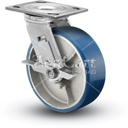 (image for) Caster; Swivel; 8" x 2"; PolyU on Alum; Plate (4"x4-1/2"; holes: 2-5/8"x3-5/8" slots to 3"x3"; 3/8" bolt); Zinc; Roller Brng; 1200#; Wheel Brake (Item #63327)