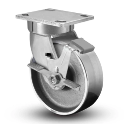 Caster; Swivel; 6x2; Cast Iron; Plate (4-1/2x6-1/4; holes: 2-7/16x4-15/16 slotted to 3-3/8x5-1/4; 1/2 bolt); Zinc; Roller Brng; 1400#; Brake; Kingpinless (Item #67350)