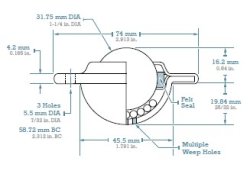 (image for) Ball Transfer; 1-1/4" Stainless Steel Ball; Round (74mm diameter: 3 holes: 2-5/16" apart); Stainless Housing; 275#; Weep Hole(s) (Item #87257)