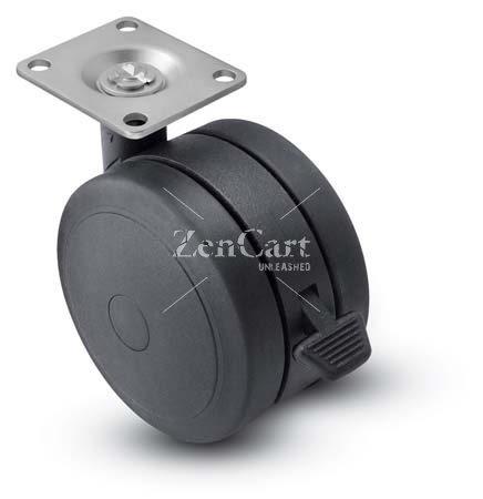 (image for) Caster; Twin; Swivel; 4" (100mm); Thermoplastized Rubber (Black); Plate; 2-3/16"x2-9/16"; holes: 1-5/8"x2"; 5/16" bolt; Black; Rivet; 225#; Wheel Brk (Item #67481)