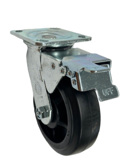 (image for) Caster; Swivel; 5\" x 2\"; Rubber on Nylon; Plate (4\"x4-1/2\"; holes: 2-5/8\"x3-5/8\" slotted to 3\"x3\"; 3/8\" bolt); Zinc; Roller Brng; 450#; Total Lock (Trailing) (Item #64604)