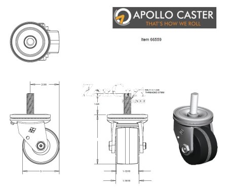 (image for) Caster; Swivel; 3" x 1-3/4"; Phenolic; Threaded Stem (5/8"-11TPI x 1-3/4"); Zinc; Roller Brng; 1000# (Item #66559)