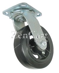 (image for) Caster; Swivel; 10" x 2-1/2"; Rubber on Cast Iron; Plate (4-1/2"x6-1/4"; holes: 2-7/16"x4-15/16" slotted to 3-3/8"x5-1/4"; 1/2" bolt); Zinc; Roller Brng; 950# (Item #69793)