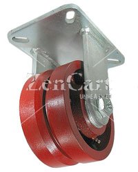 (image for) Caster; Rigid; 4" x 2"; V-Groove (7/8) Ductile Steel; Plate (4"x4-1/2"; holes: 2-5/8"x3-5/8" slots to 3"x3"; 3/8" bolt); Zinc; Roller Brng; 1500# (Item #63965)