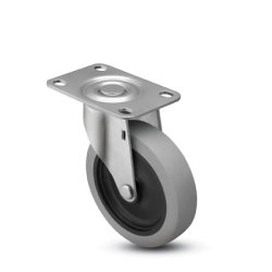 Caster; Swivel; 2-1/2" x 13/16"; Thermoplastized Rubber (Gray); Plate (1-3/4" x 3"; holes: 1" x 2-3/16"; slotted to 2-5/16"; 5/16" bolt); Zinc; Plain bore; 80# (Item #65600)