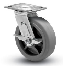 Caster; Swivel; 6" x 2"; Thermoplastized Rubber (Gray); Plate (4"x4-1/2"; holes: 2-5/8"x3-5/8" slotted to 3"x3"; 3/8" bolt); Stainless; Delrin Brng; 500#; Brake (Item #65105)
