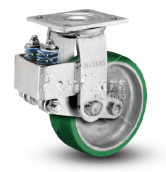 (image for) Caster; Swivel; 8" x 2"; Rubber on Cast; Plate (4"x4-1/2"; holes: 2-5/8"x3-5/8" slots to 3"x3"); Roller Brng; Spring Loaded (50% deflection at 500#); Swiv Lock (Item #63485)
