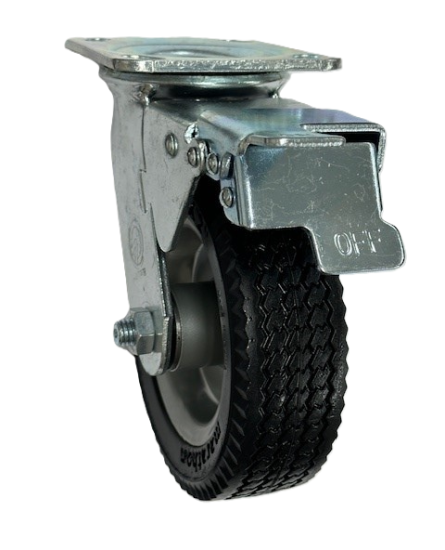Caster; Swivel; 6\" x 2\"; Flat Free (Black); HD Welded Hub; Plate (4\"x4-1/2\"; holes); Ball Brng; 250#; Sawtooth Tread; Total Lock Brake (Item #63467)