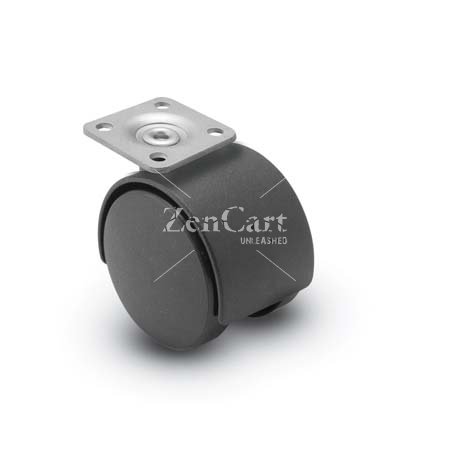 (image for) Caster; Twin; Swivel; 2" (50mm); Nylon; Plate; 1-1/2"x1-1/2"; holes: 1"x1"; 3/16" bolt; Black; Zinc Body; 75#; Hood (Item #68620)