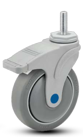 Caster; Swivel; 4 x 1-1/4; Anti-Microbial TPR (Gray); Stainless Threaded Stem (1/2-13TPI x 1-1/2); Nylon Body; Prec Ball Brng; 275#; Thread guards; Total Lock (Item #66772)