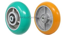 (image for) Caster; Swivel; 8" x 2"; 90A Donut Poly U on Alum; Plate (4"x4-1/2"; holes: 2-5/8"x3-5/8" slots to 3"x3"; 3/8" bolt); Zinc; Sealed Prec Ball Brng; 1200#; Brake (Item #63352)