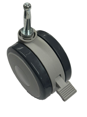 (image for) Caster; Twin Wheel; Swivel; 75mm; Polyurethane; Grip Neck (5/16" x 1-1/2"); Black/ Gray; Riveted Axle; 165#; Brake (Item #62812)