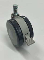 Caster; Twin Wheel; Swivel; 75mm; Polyurethane; Grip Ring (7/16" x 7/8"); Black/ Gray; Riveted Axle; 165#; Brake (Item #62818)