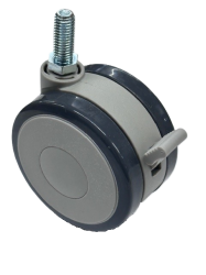 Caster; Twin Wheel; 75mm; Polyurethane; Threaded Stem; 8mm x 25mm; Black/ Gray; Riveted Axle; 165#; Brake (Item #62831)