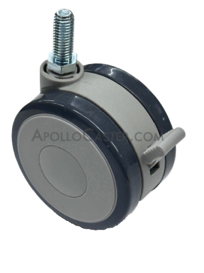 Caster; Twin Wheel; 75mm; Polyurethane; Threaded Stem; 8mm x 25mm; Black/ Gray; Riveted Axle; 165#; Brake (Item #62831)