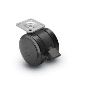 (image for) Caster; Twin; Swivel; 2-3/8" (60mm); Polyurethane; Plate; 1-1/2"x1-1/2"; holes: 1"x1"; 3/16" bolt; Black; Rivet; 100#; Brake (Item #68721)