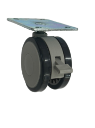 Caster; Twin Wheel; Swivel; 75mm; Polyurethane; Plate (2-3/16" x 2-9/16"); Black/ Gray; Riveted Axle; 165#; Brake (Item #62830)