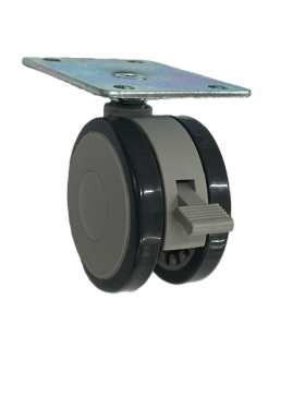 (image for) Caster; Twin Wheel; Swivel; 75mm; Polyurethane; Plate (2-5/8"x3-3/4"; holes: 1-3/4"x2-3/4" slots to 3"; 5/16" bolt); Black/ Gray; Riveted Axle; 165#; Brake (Item #62826)
