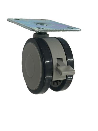 Caster; Twin Wheel; Swivel; 75mm; Polyurethane; Plate (2-3/16\" x 2-9/16\"); Black/ Gray; Riveted Axle; 165#; Brake (Item #62830)