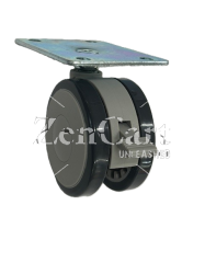 (image for) Caster; Twin Wheel; Swivel; 75mm; Polyurethane; Plate (2-3/16" x 2-9/16"); Black/ Gray; Riveted Axle; 165#; Brake (Item #62830)