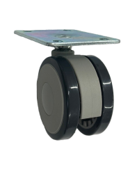 Caster; Twin Wheel; Swivel; 75mm; Polyurethane; Plate (2-5/8"x3-3/4"; holes: 1-3/4"x2-3/4" slots to 3"; 5/16" bolt); Black/ Gray; Riveted Axle; 165# (Item #62825)