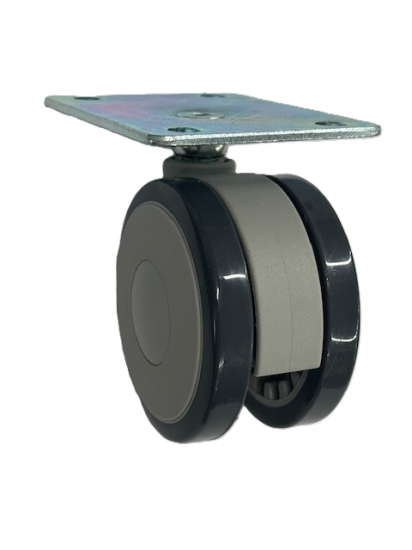 (image for) Caster; Twin Wheel; Swivel; 75mm; Polyurethane; Plate (2-5/8\"x3-3/4\"; holes: 1-3/4\"x2-3/4\" slots to 3\"; 5/16\" bolt); Black/ Gray; Riveted Axle; 165# (Item #62825)