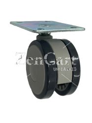 (image for) Caster; Twin Wheel; Swivel; 75mm; Polyurethane; Plate (2-5/8"x3-3/4"; holes: 1-3/4"x2-3/4" slots to 3"; 5/16" bolt); Black/ Gray; Riveted Axle; 165# (Item #62825)
