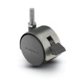 Caster; Twin; Swivel; 2in (50mm); Nylon; Threaded Stem; 3/8-16TPI x 1-1/2; Satin Chrome; Metal (zinc) body; 75#; Pedal Style Wheel Brake; Hood (Item #67938)