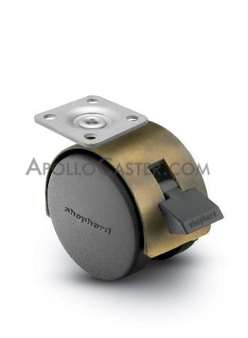 Caster; Twin; Swivel; 2\" (50mm); Nylon; Top Plate; 1-3/16\"x2\"; hole spacing: 13/16\"x1-9/16\"; 3/16\" bolt; Antique; Zinc Body; 75#; Wheel Brake; Hood (Item #67731)
