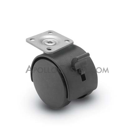 Caster; Twin; Swivel; 2\" (50mm); Nylon; Plate; 1-3/16\"x2\"; holes: 13/16\"x1-9/16\"; 3/16\" bolt; Black; Steel Axle; 75#; Wheel Brake; Hood (Item #68381)