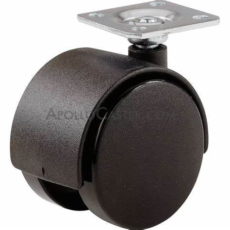 Caster; Twin Wheel; Swivel; 60mm; Polyurethane Tread; Plate (1-1/2\" x 1-1/2\"; holes: 1\" x 1\"; 3/16\" bolt); Black; Riveted Axle; 120#; Hood (Item #63108)