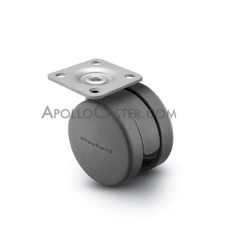 Caster; Twin; Swivel; 2\" (50mm); Polyurethane; Plate; 1-1/2\"x1-1/2\"; holes: 1\"x1\"; 3/16\" bolt; Black; Rivet Brng; 75# (Item #69309)