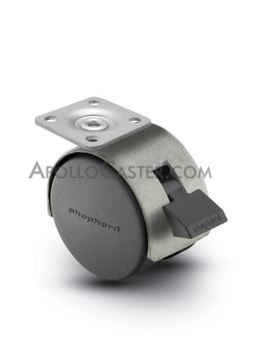 Caster; Twin; Swivel; 2\" (50mm); Nylon; Top Plate; 1-3/16\"x2\"; hole spacing: 13/16\"x1-9/16\"; 3/16\" bolt; Satin Chrome; Zinc Body; 75#; Wheel Brake; Hood (Item #67732)