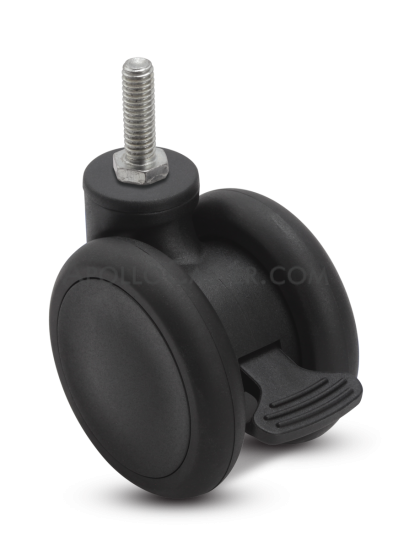 Caster; Twin Wheel; Swivel; 65mm; Thermoplastized Rubber (Black); Threaded Stem (3/8\"-16TPI x 3/4\"); Black; Riveted Axle; 110#; Wheel Brake (Item #63464)