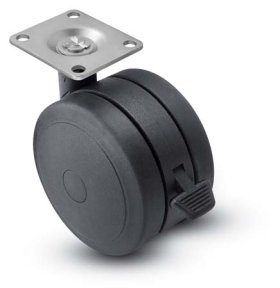 (image for) Caster; Twin; Swivel; 3" (75mm); Thermoplastized Rubber (Black); Plate; 2-3/16"x2-9/16"; holes: 1-5/8"x2"; 5/16" bolt; Black; Riveted Steel; 165#; Wheel Brake (Item #67813)