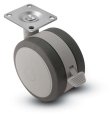 Caster; Twin; Swivel; 4" (100mm) Thermoplastized Rubber (Gray); Plate; 2-3/16"x2-9/16"; holes: 1-5/8"x2"; 5/16" bolt; Black/Grey; Riveted Axle; 225#; Brake (Item #67708)