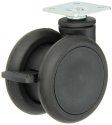 Caster; Twin Wheel; Swivel; 65mm; Thermoplastized Rubber (Black); Plate (1-1/2" x 1-1/2"; holes: 1" x 1"; 3/16" bolt);Riveted Axle; 110#; Wheel Brake (Item #63305)