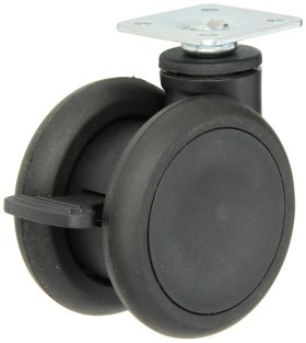 (image for) Caster; Twin Wheel; Swivel; 65mm; Thermoplastized Rubber (Black); Plate (1-1/2" x 1-1/2"; holes: 1" x 1"; 3/16" bolt);Riveted Axle; 110#; Wheel Brake (Item #63305)