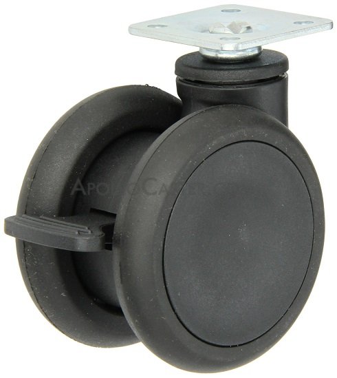 Caster; Twin Wheel; Swivel; 65mm; Thermoplastized Rubber (Black); Plate (1-1/2\" x 1-1/2\"; holes: 1\" x 1\"; 3/16\" bolt);Riveted Axle; 110#; Wheel Brake (Item #63305)