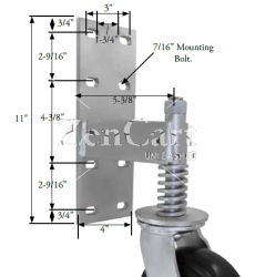 (image for) Yoke; 6" x 2"; Spring Loaded Gate Caster Bracket (11"x4"; 8 holes 1-3/4" (slotted to 3") x 9-1/2"; 7/16" bolt); 1/2" Bore; 2-1/2" Hub Length; 700# deflection (Item #88522)