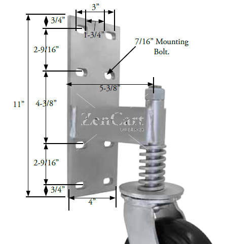 (image for) Yoke; 8" x 2"; Spring Loaded Gate Caster Bracket (11"x4"; 8 holes 1-3/4" (slotted to 3") x 9-1/2"; 7/16" bolt); 1/2" Bore; 2-1/2" Hub Length; 700# Spring (Item #88271)