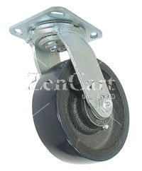 (image for) Caster; Swivel; 8" x 2"; Crowned PolyU on Cast; Plate (4"x4-1/2"; holes: 2-5/8"x3-5/8" slots to 3"x3"; 3/8" bolt); Zinc; Roller Brng; 1250#; Position Lock (Item #63804)