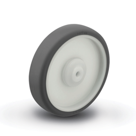 Caster; Swivel; 5" x 1-1/4"; PolyU on PolyO (GY); Plt (2-1/2"x3-5/8": holes: 1-3/4"x2-13/16" (slot to 3-1/16"); 5/16"blt); Stnlss; Prec Brng; High Temp; Ttl Lck (Item #63656)