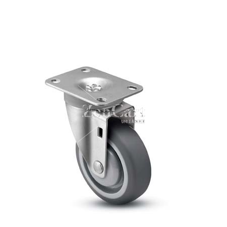 (image for) Caster; Swivel; 5" x 1-1/4"; ThermoPlstc Rbr (Gray); Plate (2-3/8"x3-5/8"; holes: 1-3/4"x2-7/8" slots to 3"; 5/16" bolt); Zinc; 300#; Plastic Dust Cover (Item #63338)