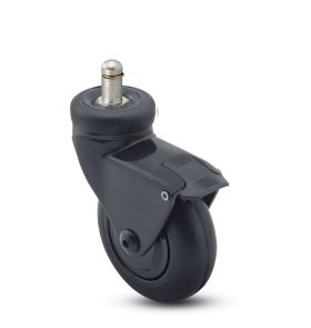 Caster; Swivel; 3x15/16; Rubber (Soft); Grip Ring (7/16x7/8); Black; Precision Ball Brng; 110#; Hood; Thread guards; Brake (Item #65574)